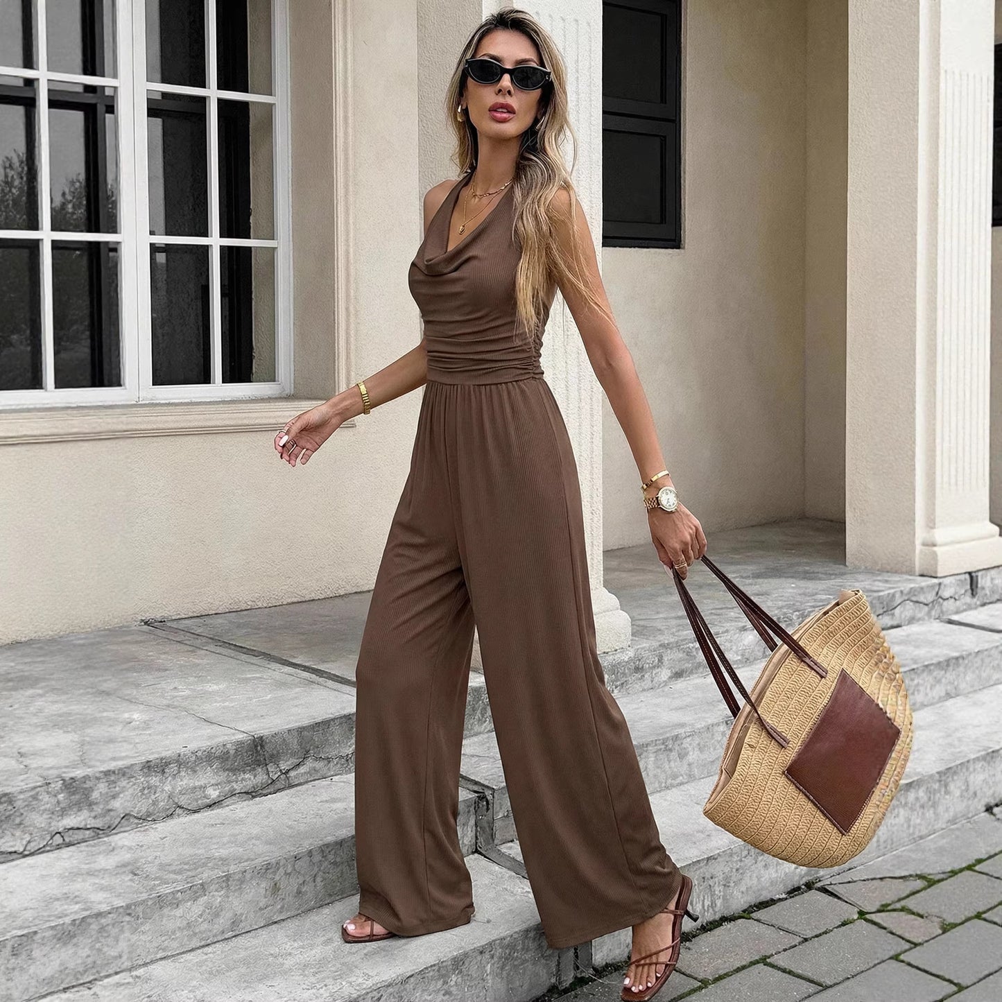 Solid Knit Jumpsuit Casual Drape Wide Leg Backless