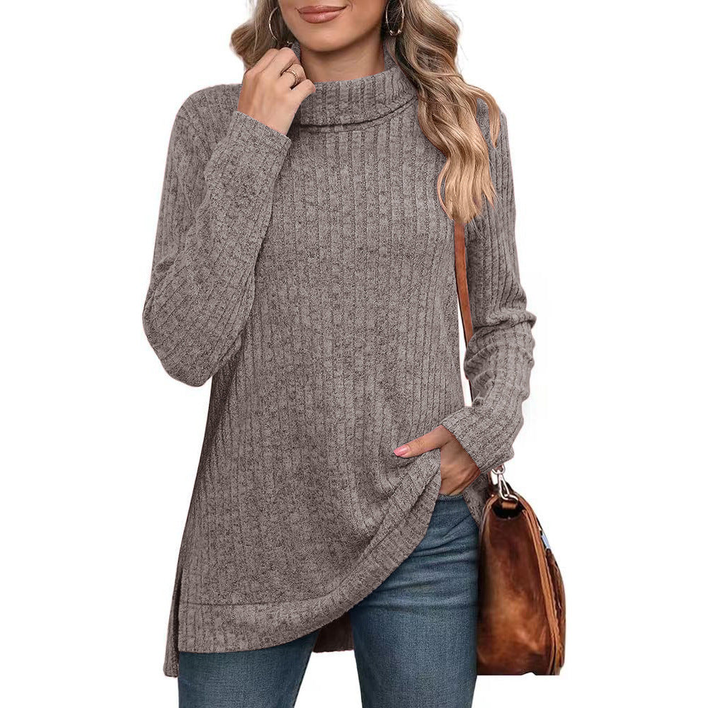 Women's Oversized Ribbed Turtleneck Long Sleeve Slit Tunic