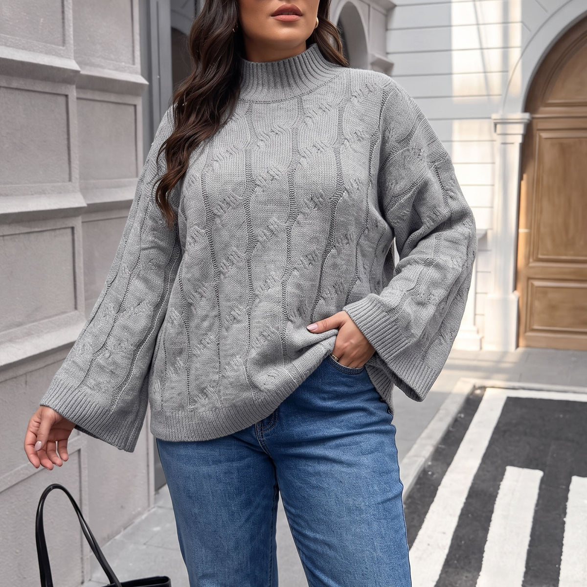 Women's Oversized Cable Knit Mock Neck Bell Sleeve Sweater