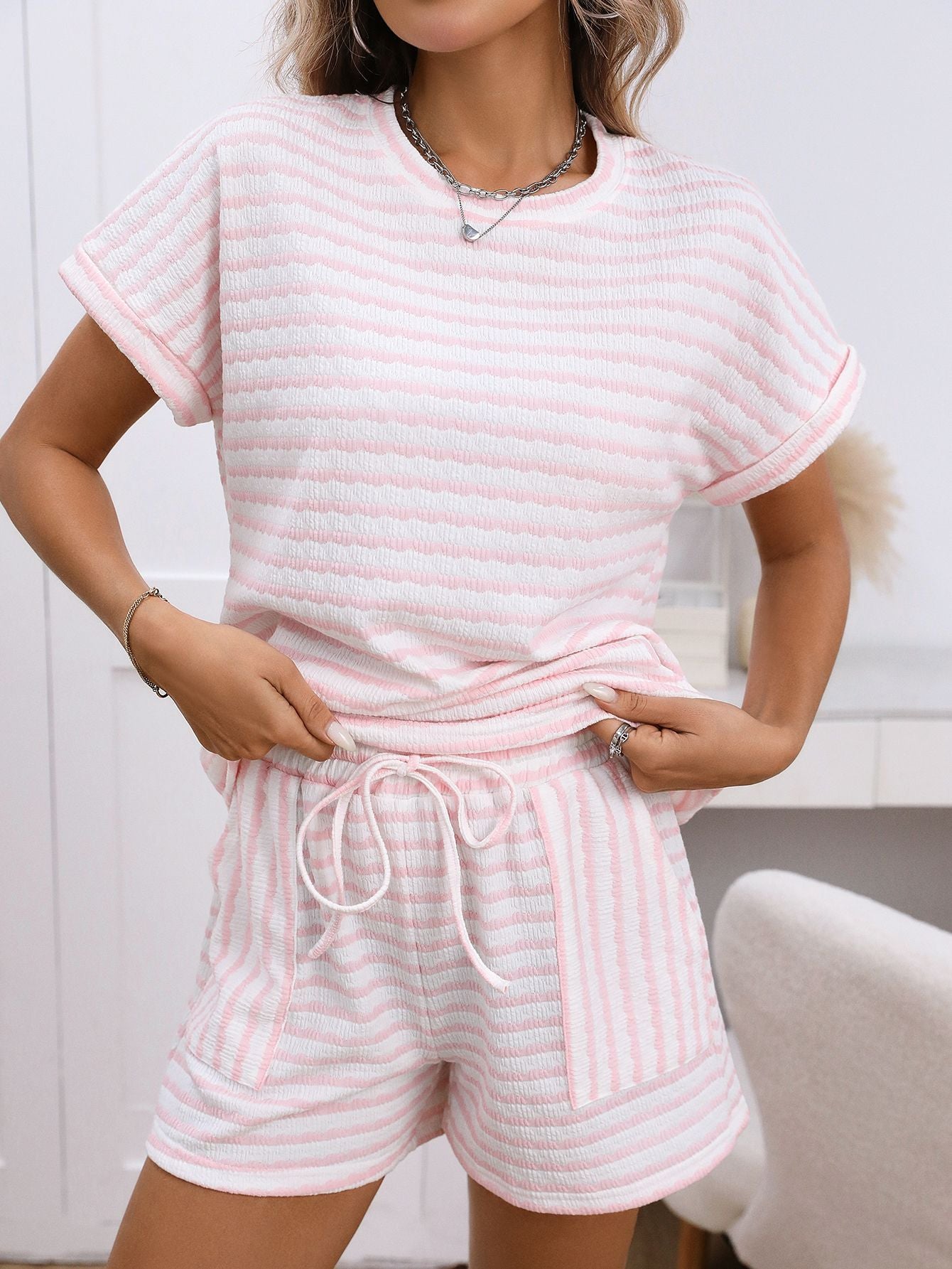 Womens Striped Lounge Set Short Sleeve Top Shorts