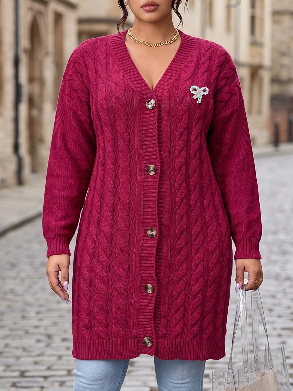 Plus Size Cable Knit Long Cardigan Rhinestone Bow Brooch