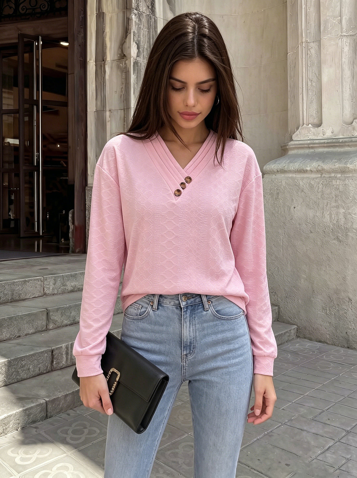 Women's V-Neck Button Detail Textured Long Sleeve Tunic Top