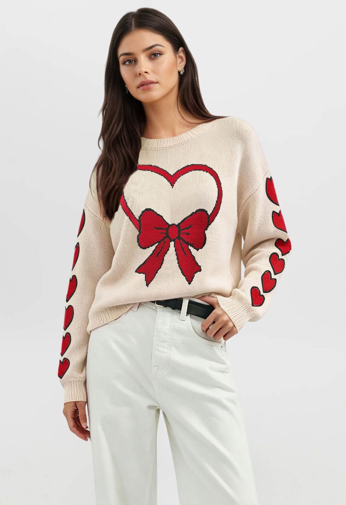 Women's Heart Bow Sweater Valentine Crewneck Knit Pullover
