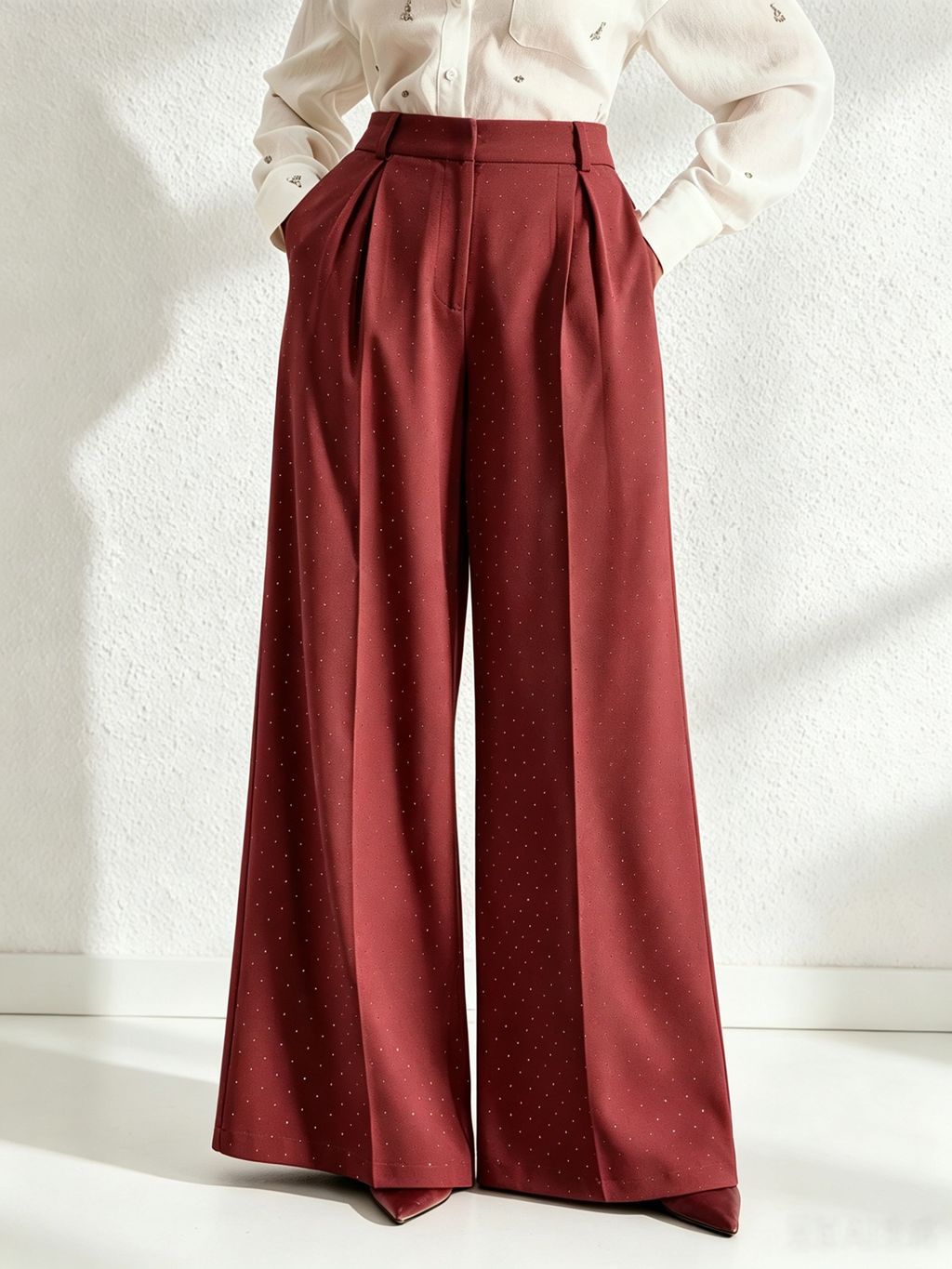 Rhinestone High Waist Pleated Wide Leg Dress Pants