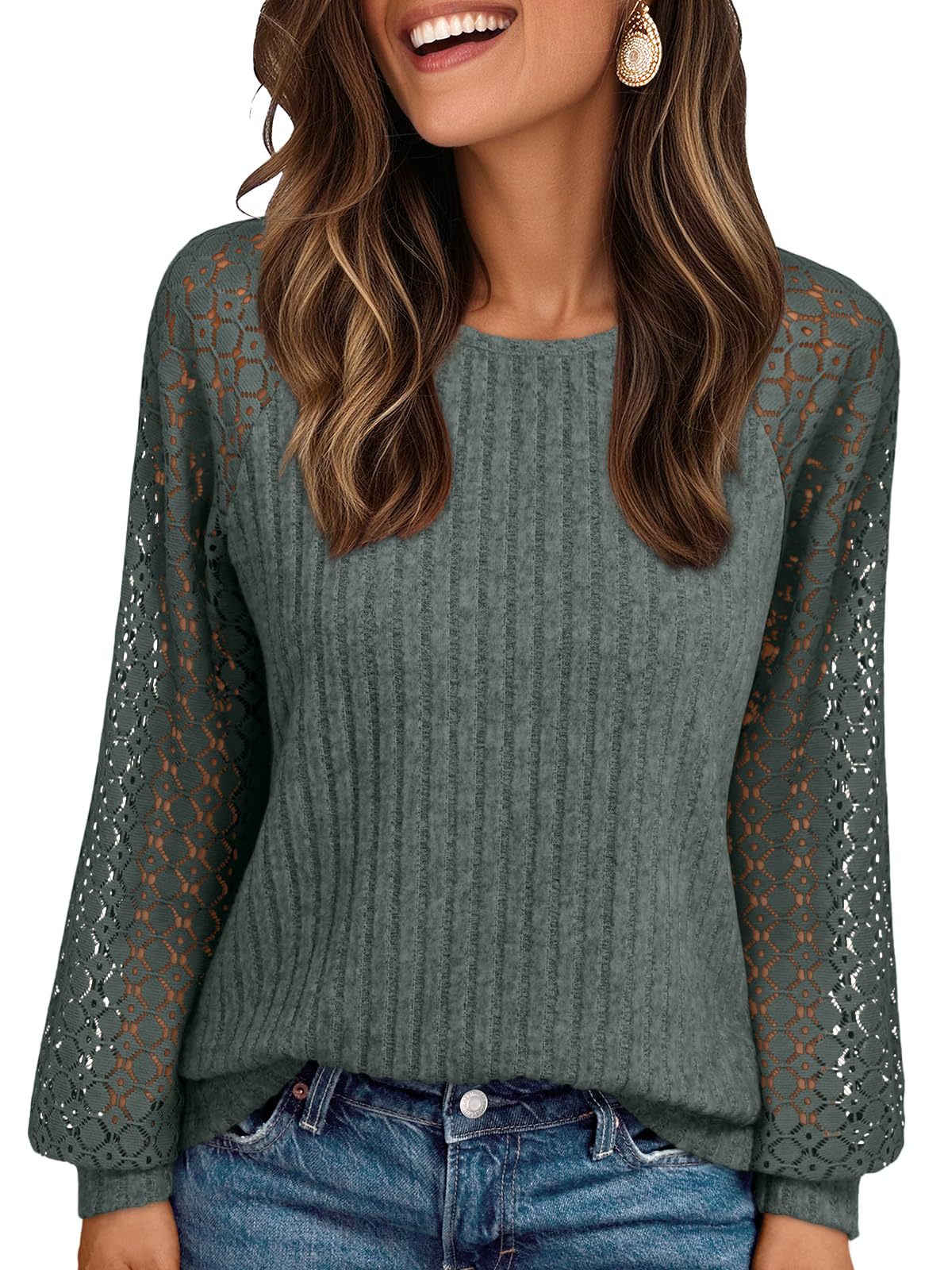 Women's Lace Sleeve Ribbed Knit Crew Neck Sweater Top