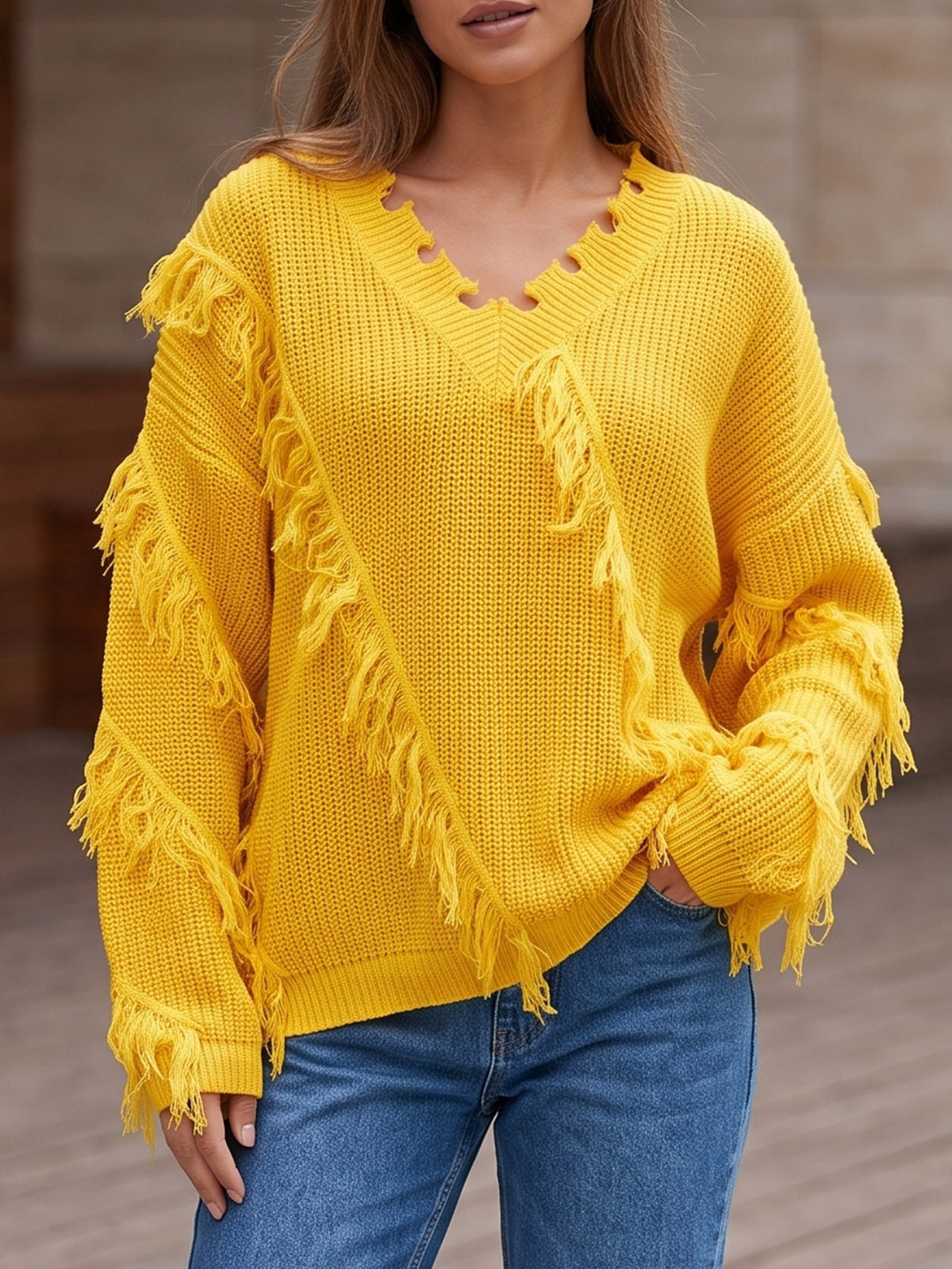 Women's Oversized V Neck Fringe Chunky Knit Sweater