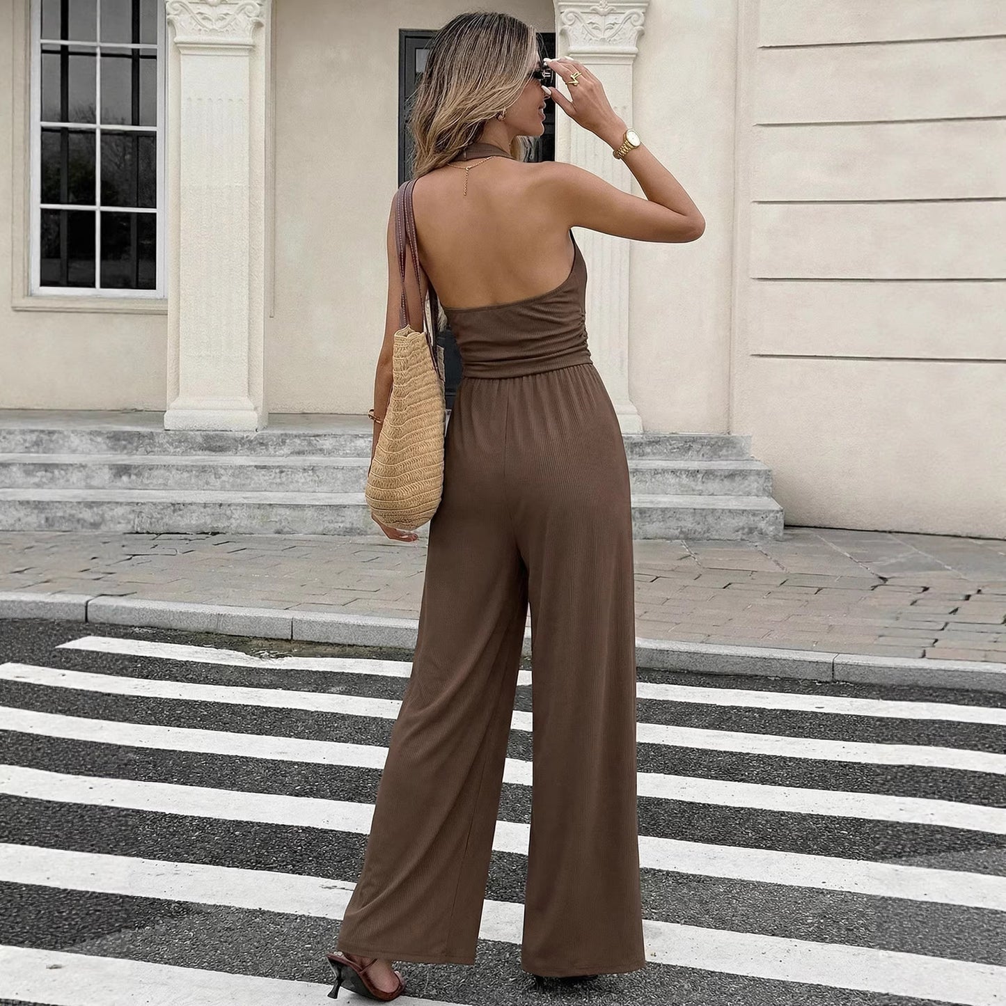 Solid Knit Jumpsuit Casual Drape Wide Leg Backless
