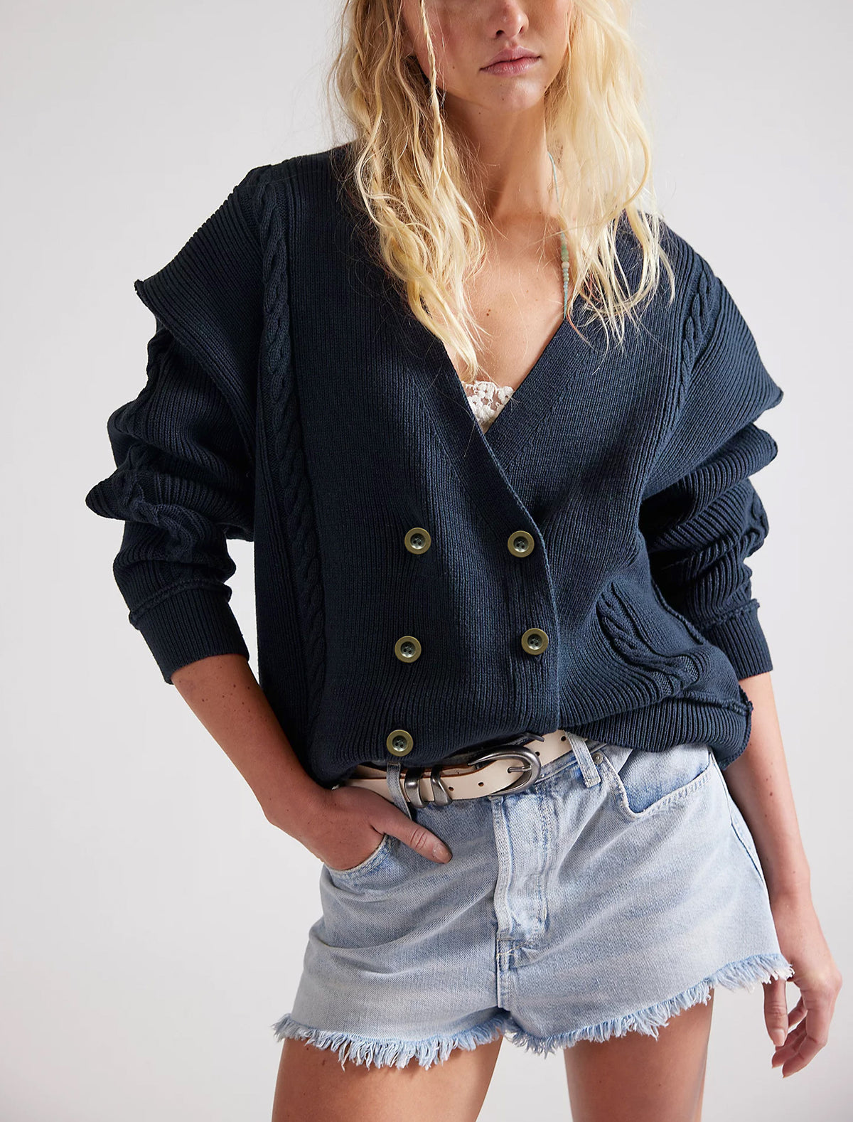 Women's Oversized V-Neck Double Breasted Knit Cardigan