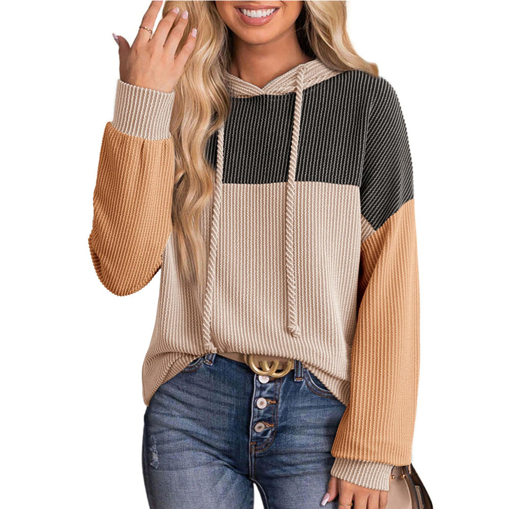 Colorblock Knit Hoodie Pullover Casual Loose Fit Sweatshirt