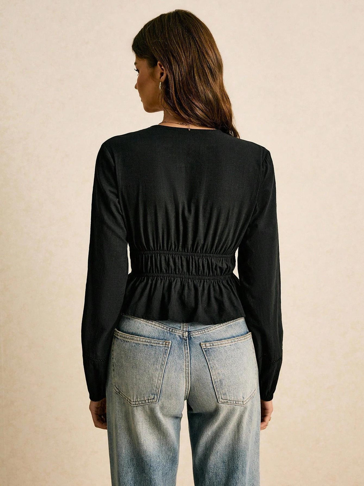 Women's Deep V Neck Eyelet Tie Front Peplum Blouse