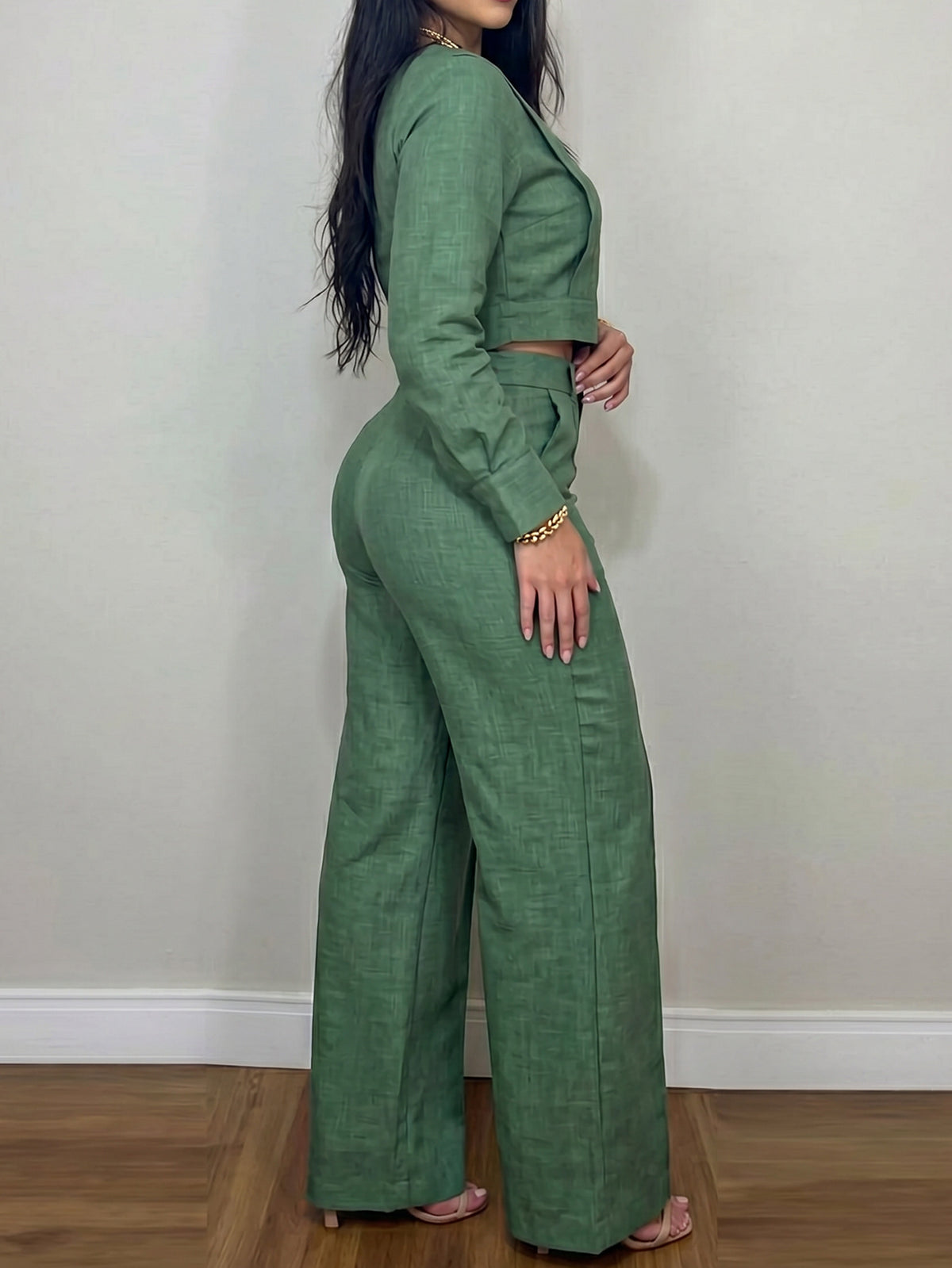 Women's Green 2 Piece Crop Top Wide Leg Pants Set