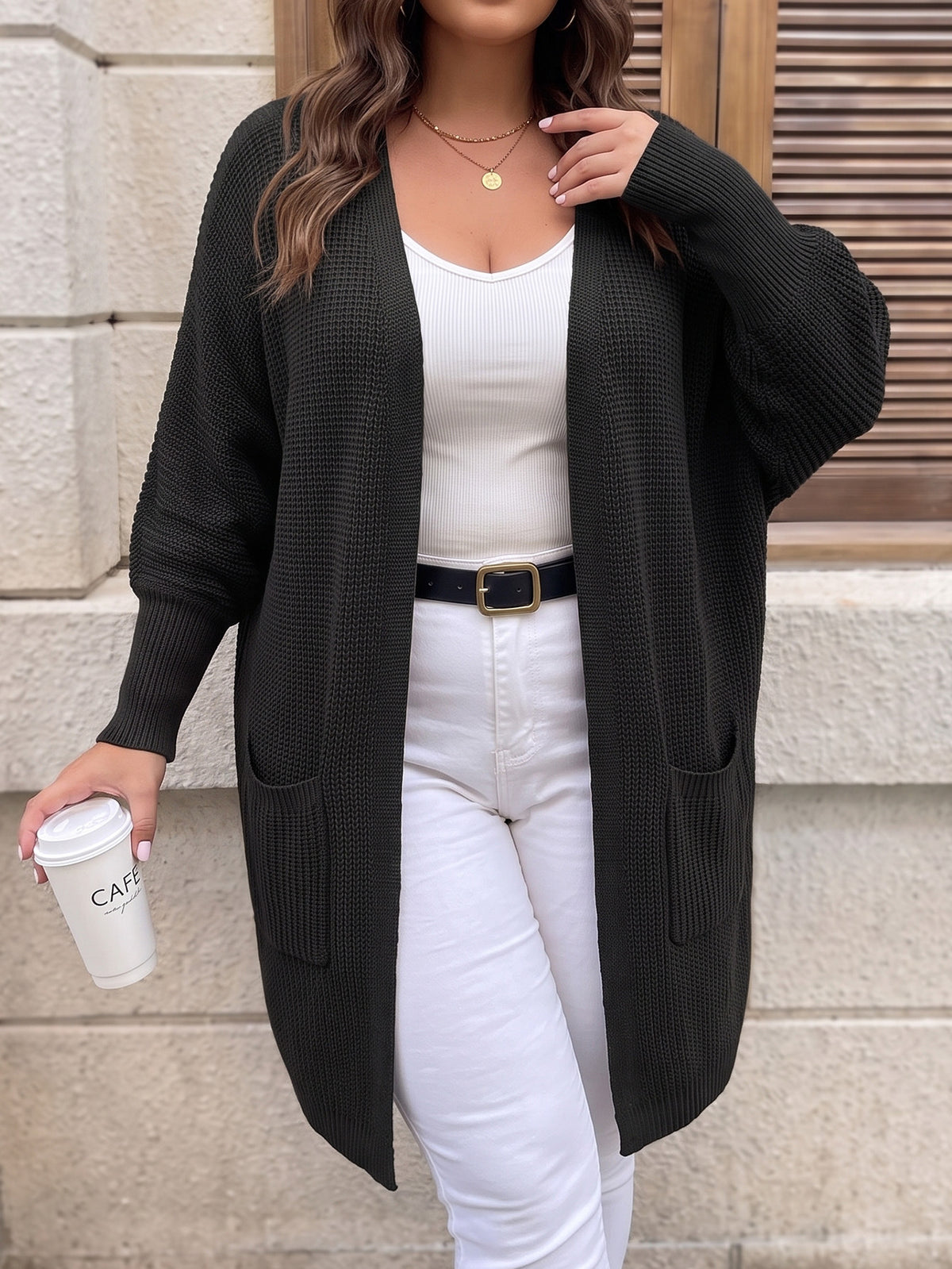 Oversized Batwing Open Front Knit Cardigan with Pockets