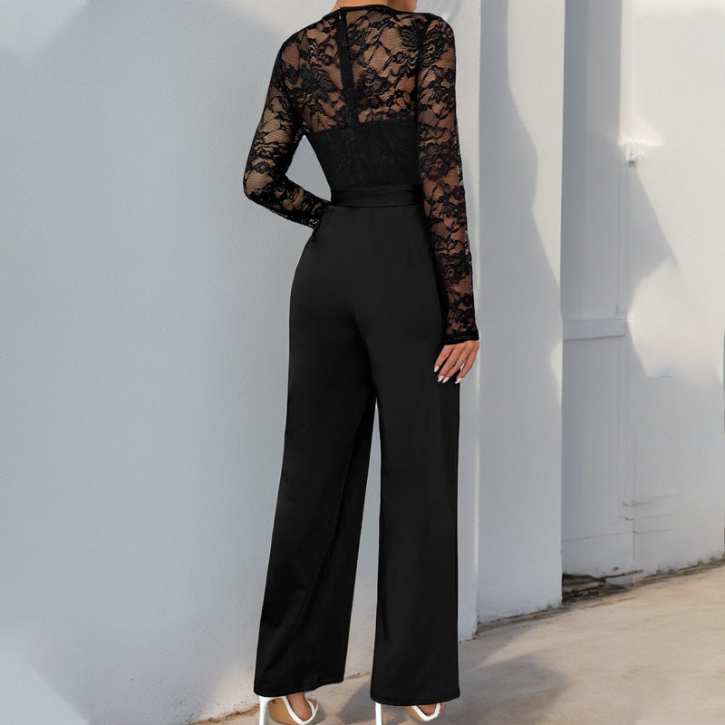 Elegant Lace Patchwork Jumpsuit with Belt Long Sleeve