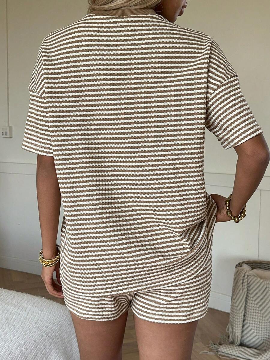Striped Knit Shorts Set Casual Drawstring Lounge
