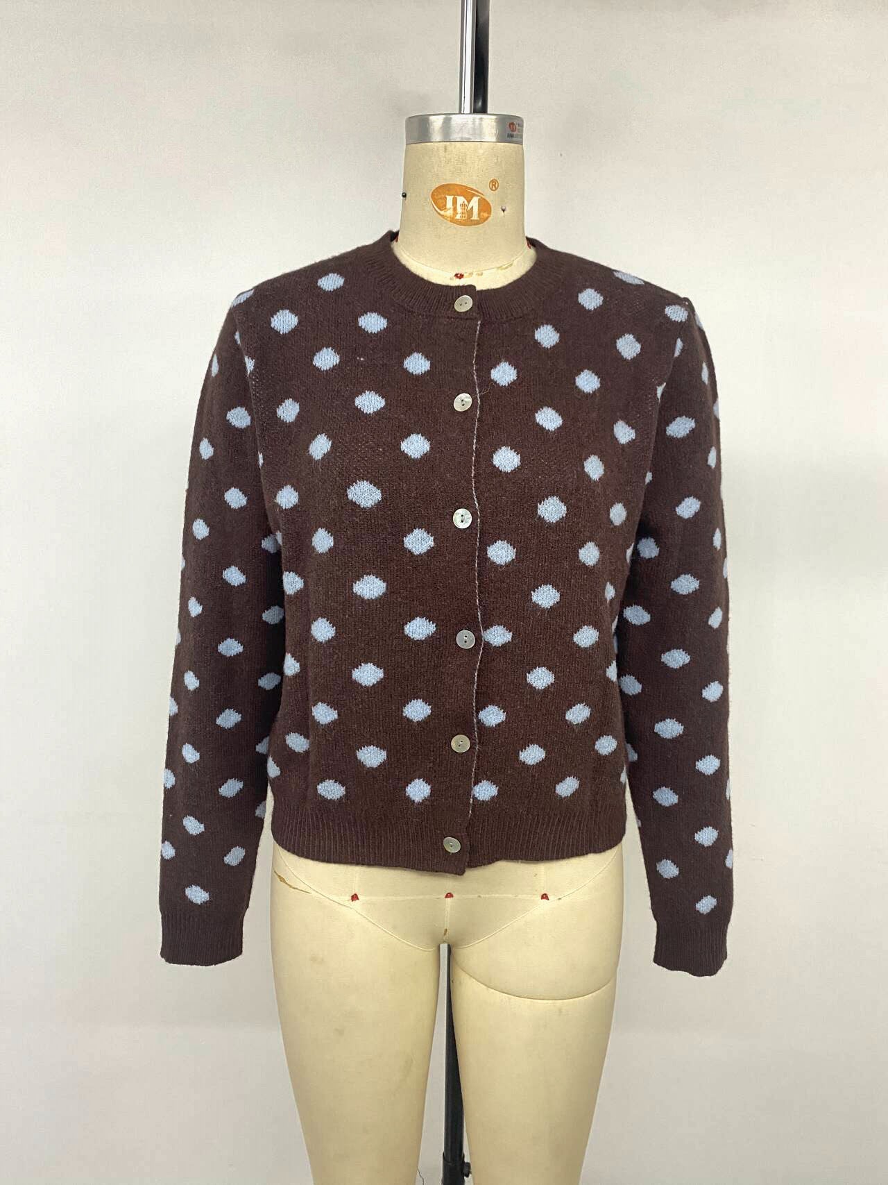 Polka Dot Knit Cardigan Button Front Long Sleeve Sweater
