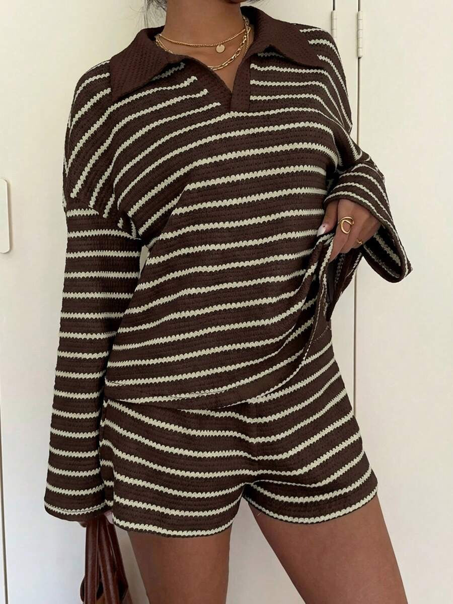 Striped Polo Lounge Set Resort Textured Collared Oversized