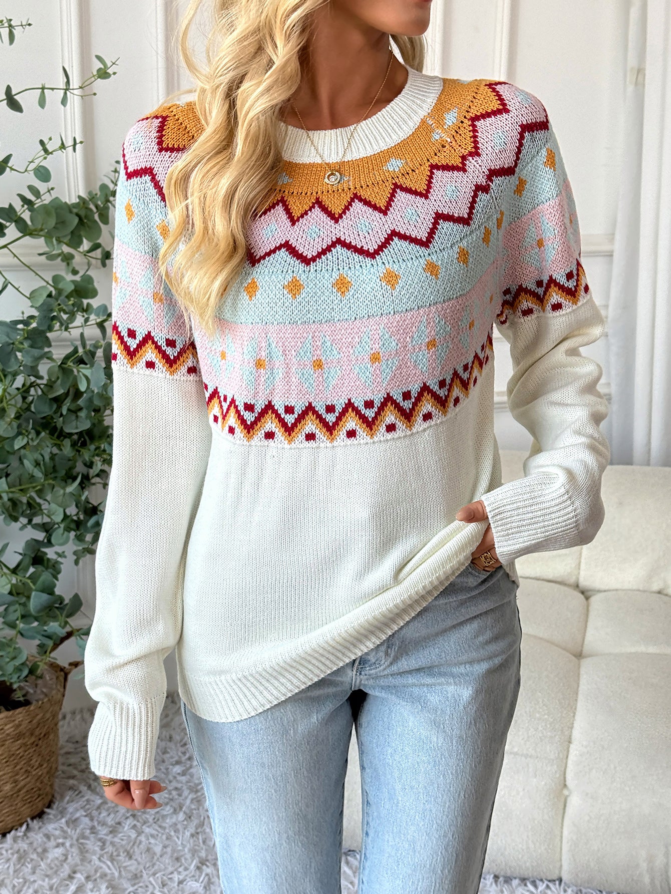 Color Block Knit Sweater Casual Loose Fit Round Neck Top