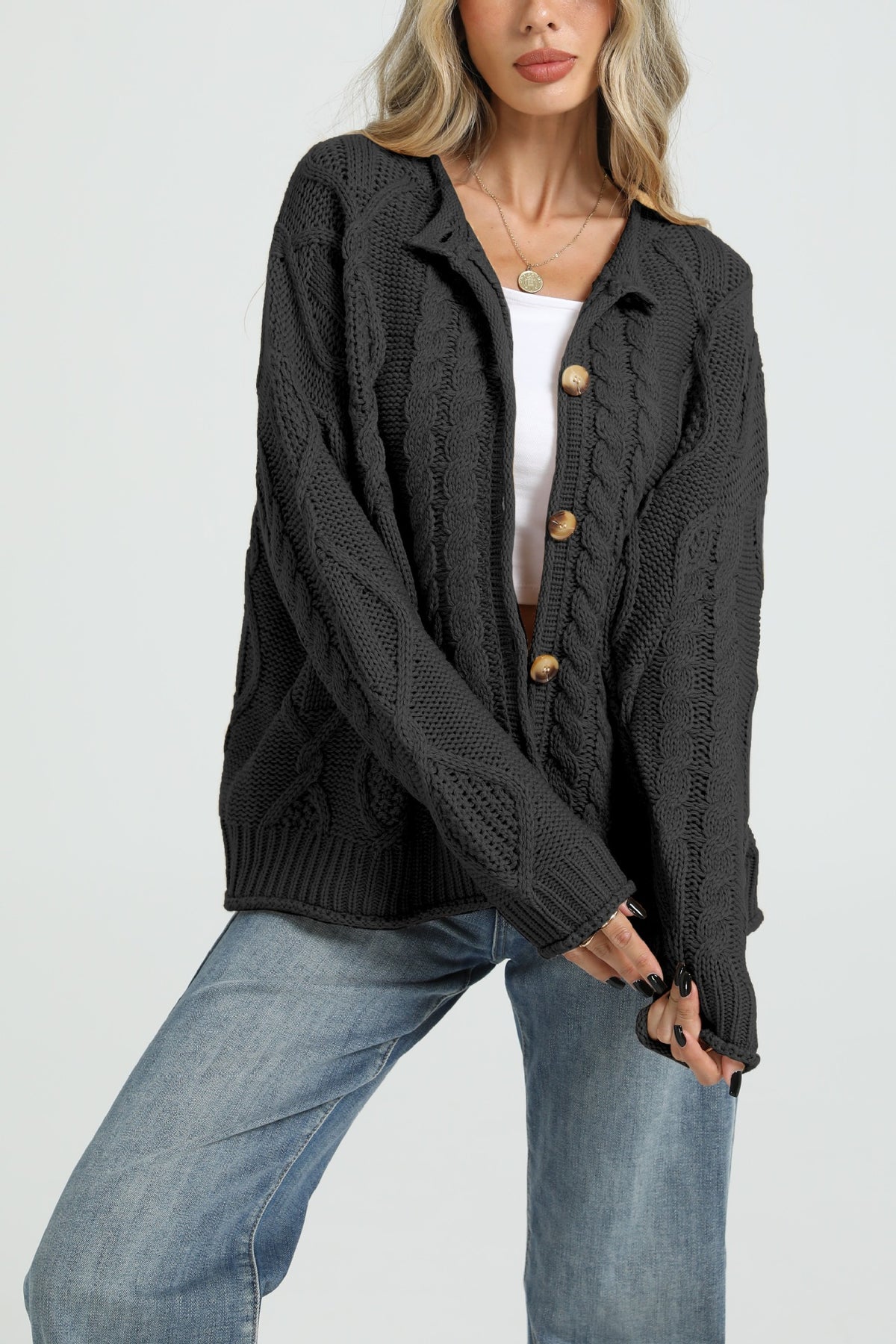 Women's Oversized Chunky Cable Knit Button Up Cardigan