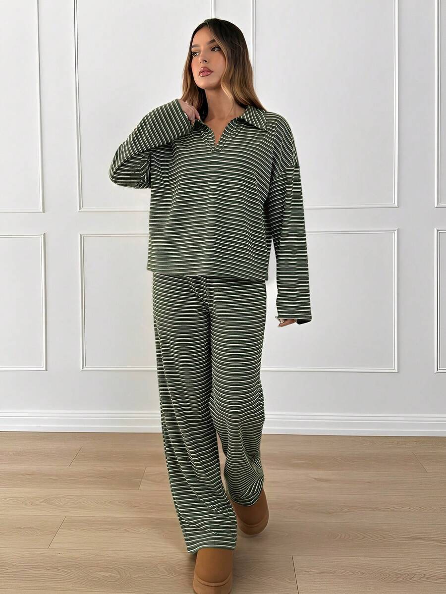 Striped Lounge Set Casual Collared Pullover Wide Leg Pants