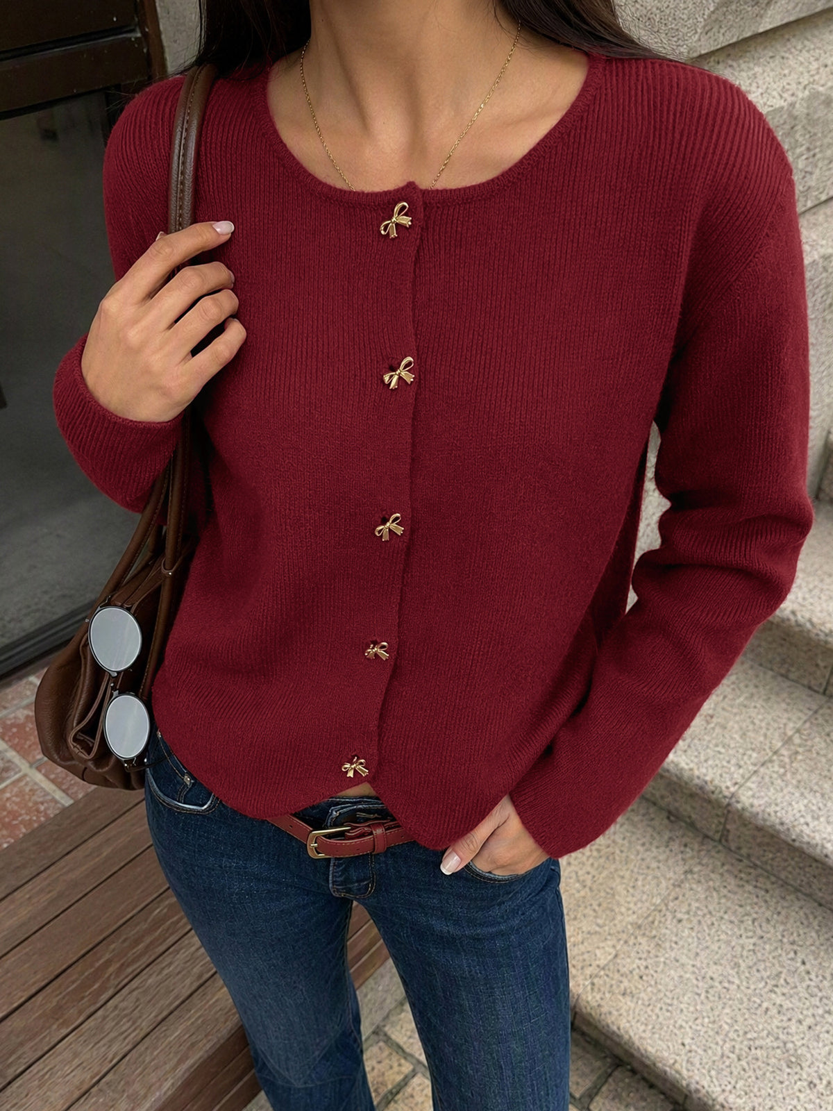 Women's Burgundy Crew Neck Gold Button Cardigan Sweater