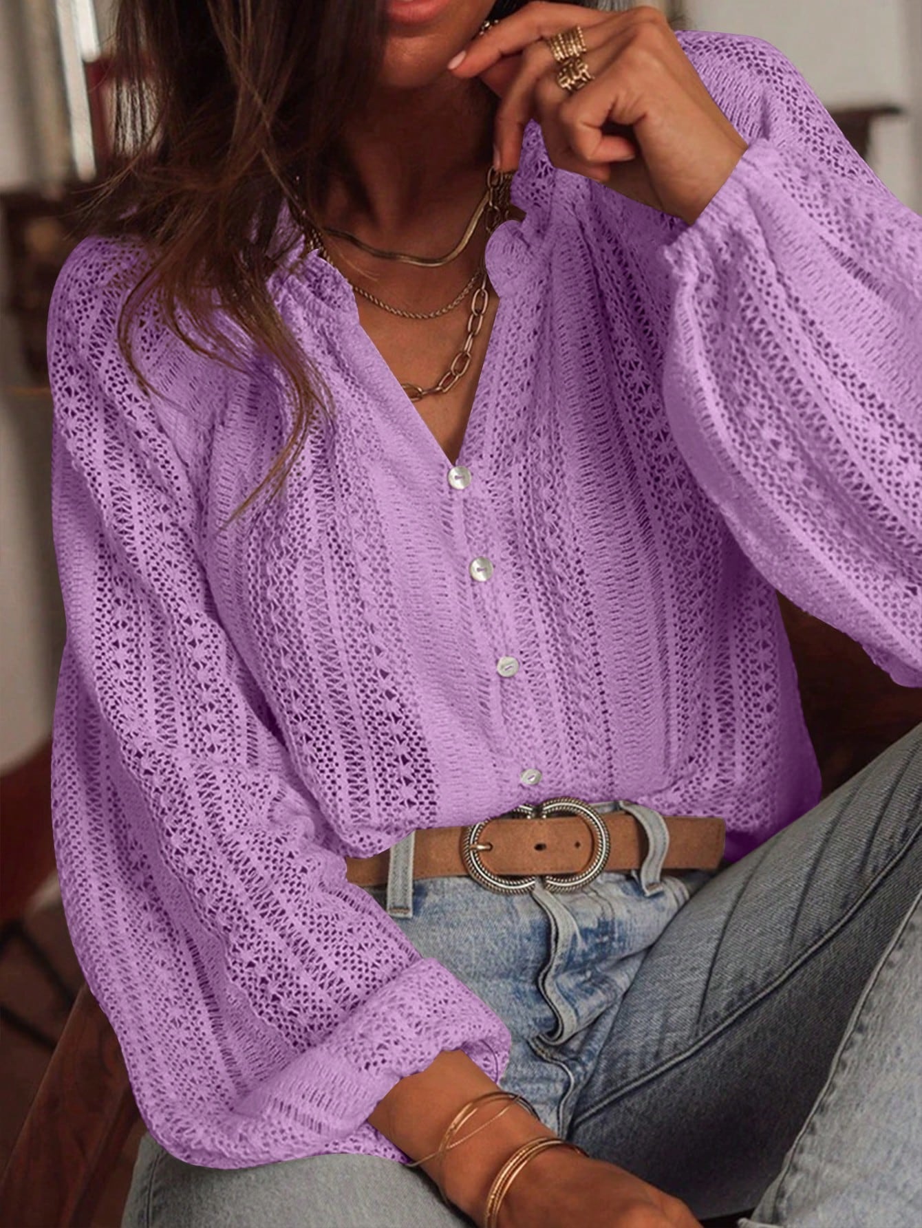 Lace V-Neck Button Blouse Puff Sleeve Elegant Top