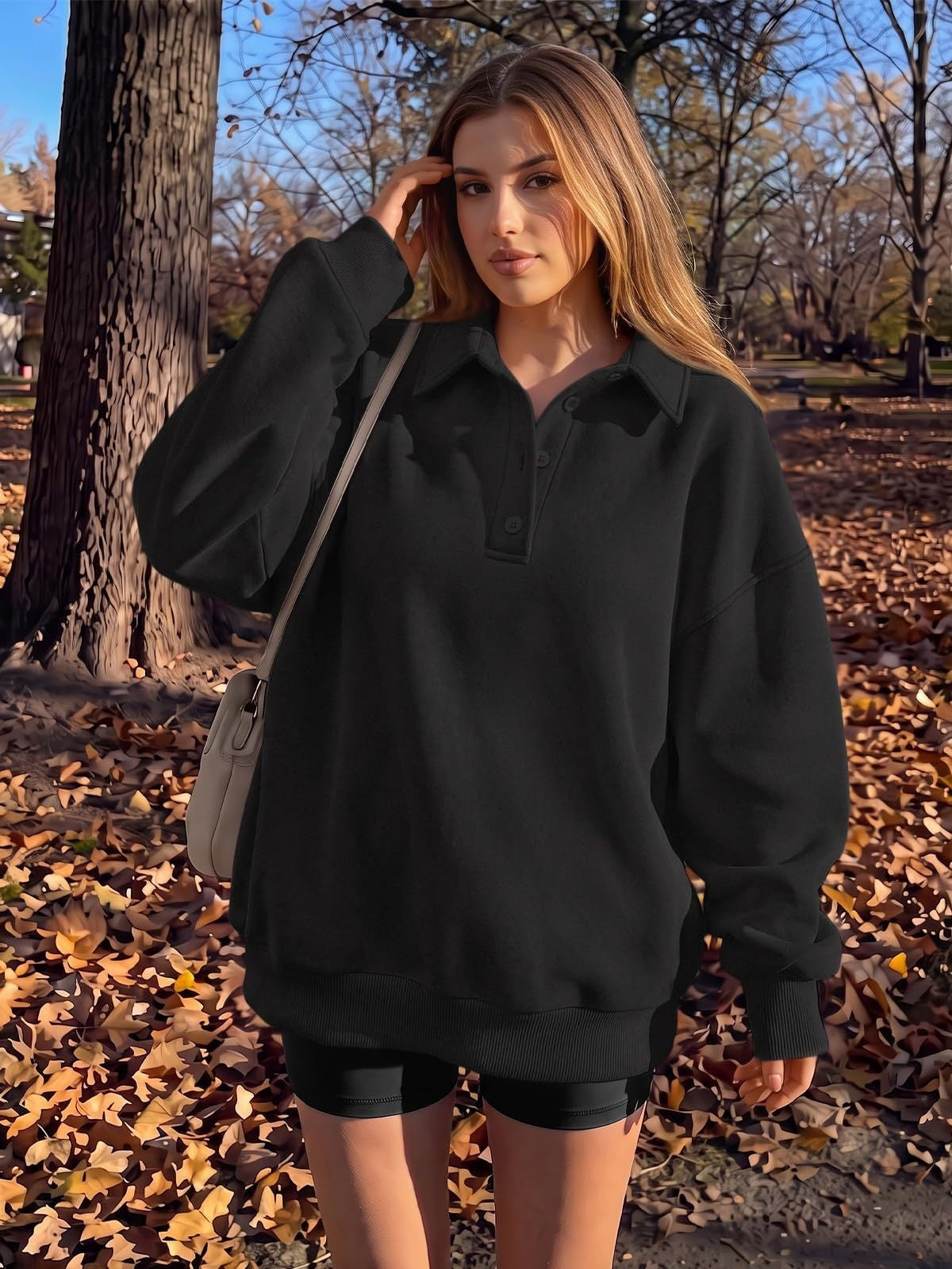 Polo Collar Fleece Pullover Oversized Casual Sweatshirt