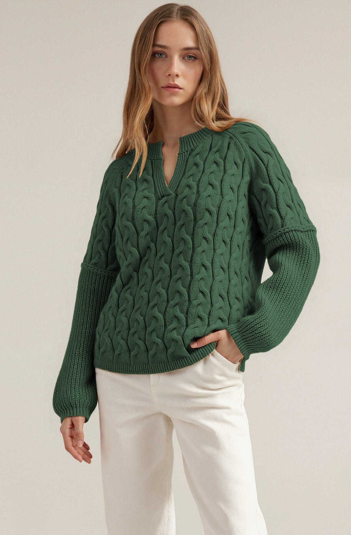 Women's Chunky Cable Knit V Neck Pullover Sweater