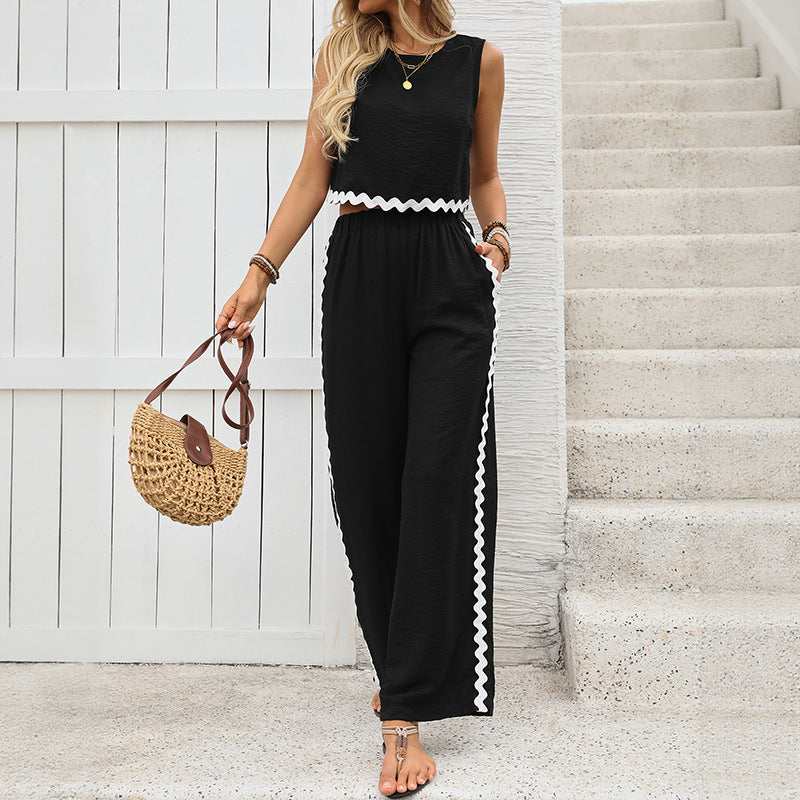 Sleeveless Crop Top and Long Pants Two Piece Lounge Set