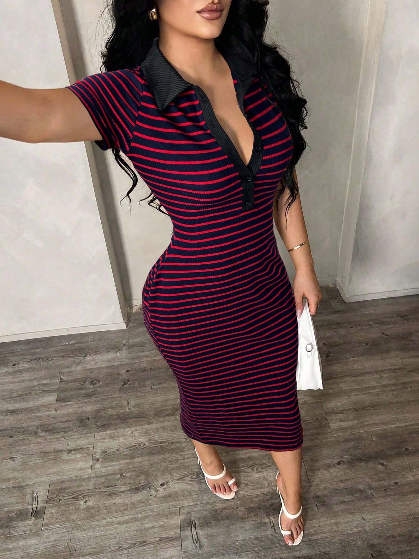 Striped Polo Collar Bodycon Midi Dress Short Sleeve Casual  Wear