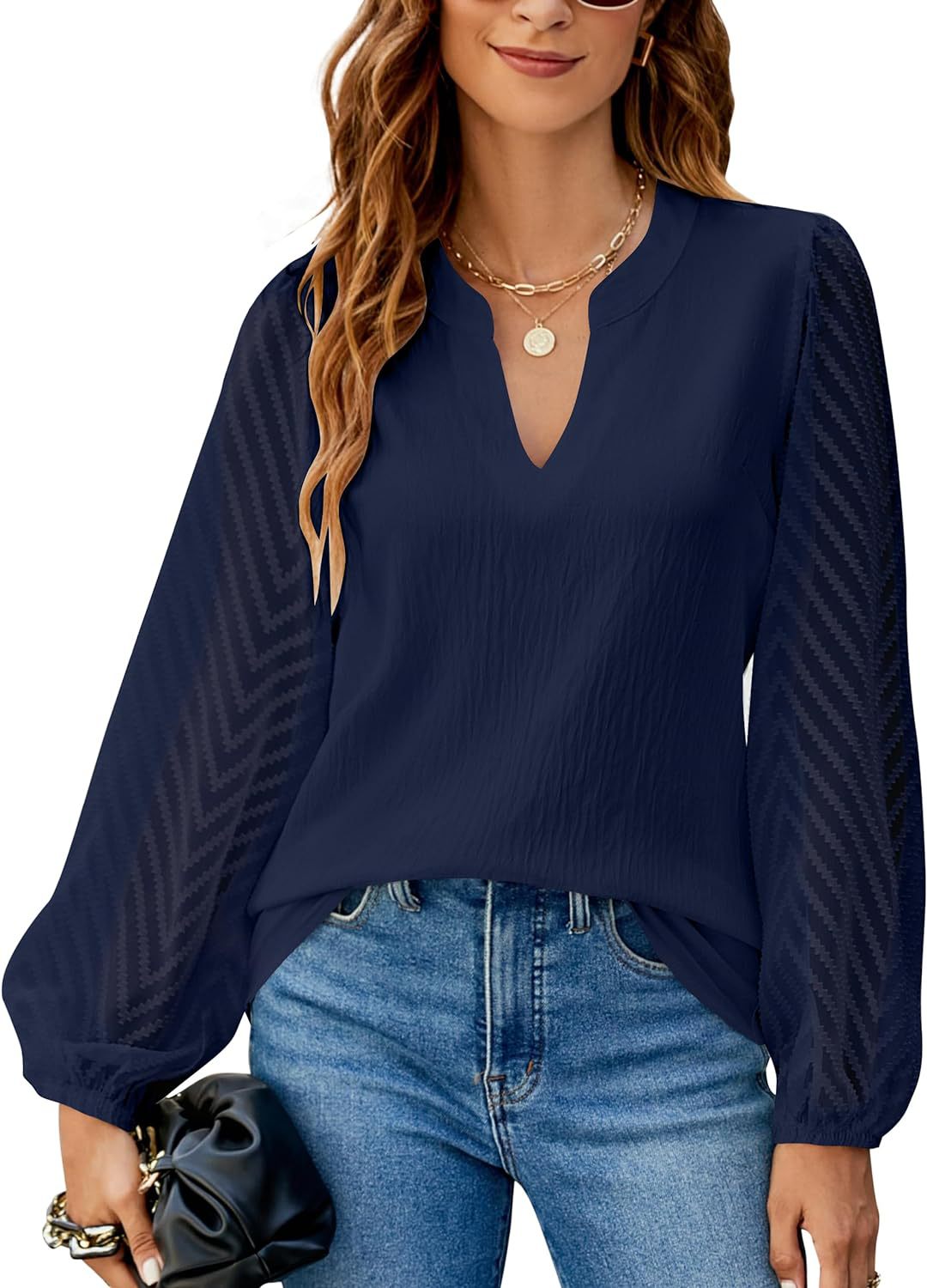 Solid V Neck Chiffon Blouse Lace Puff Sleeve Top