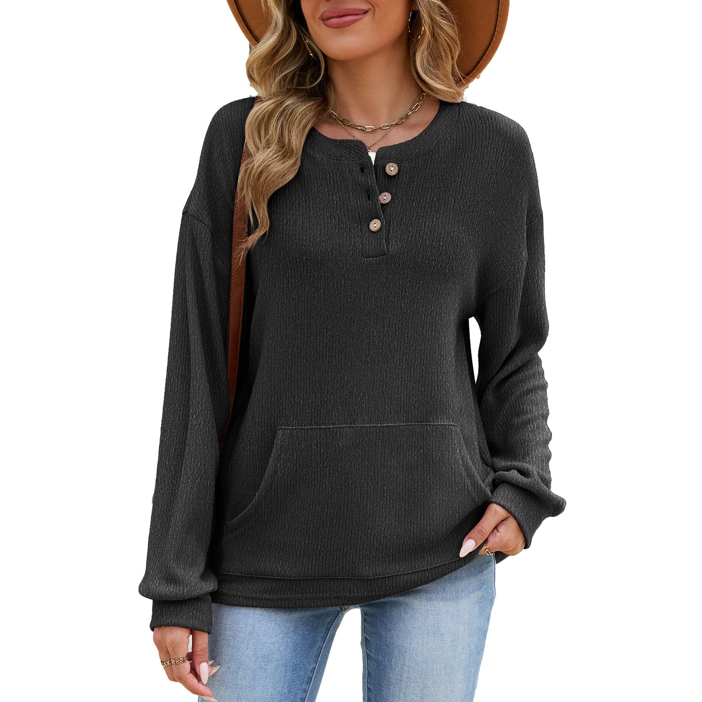 Women's Waffle Henley Pocket Sweatshirt Long Sleeve Oversized