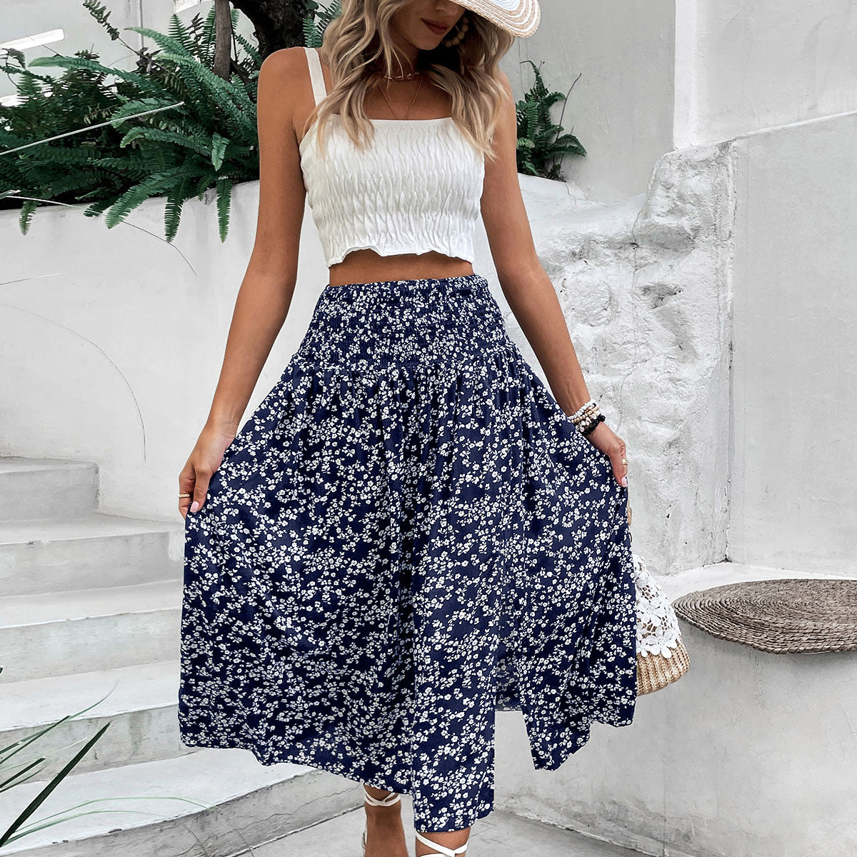 Floral Viscose Skirt Boho High Waist Slit