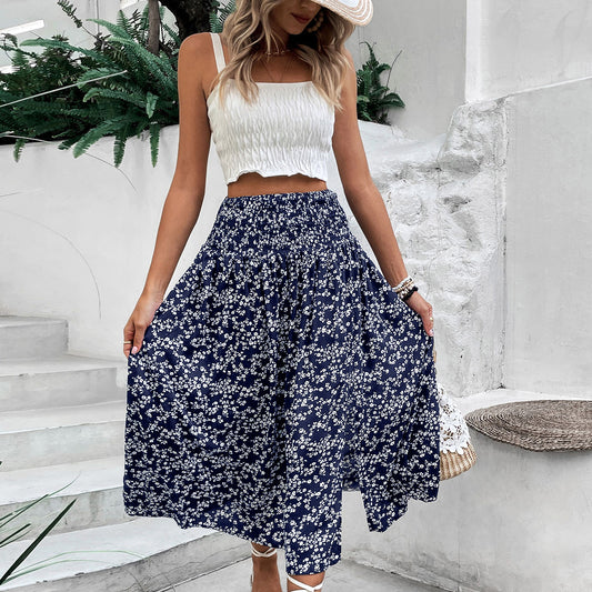 Floral Viscose Skirt Boho High Waist Slit