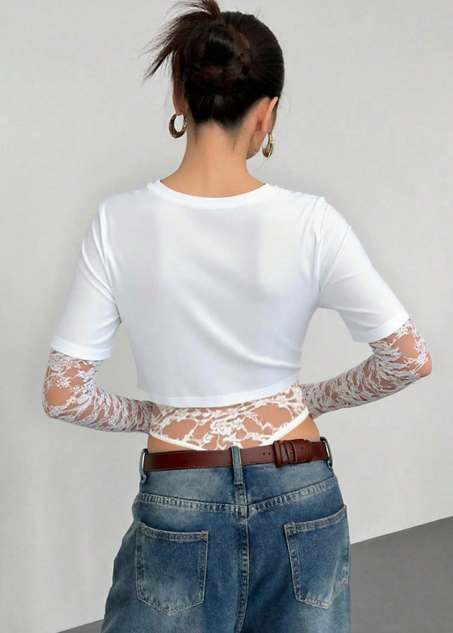 Lace Mesh Bodysuit Crop Top Trendy Layering Tee