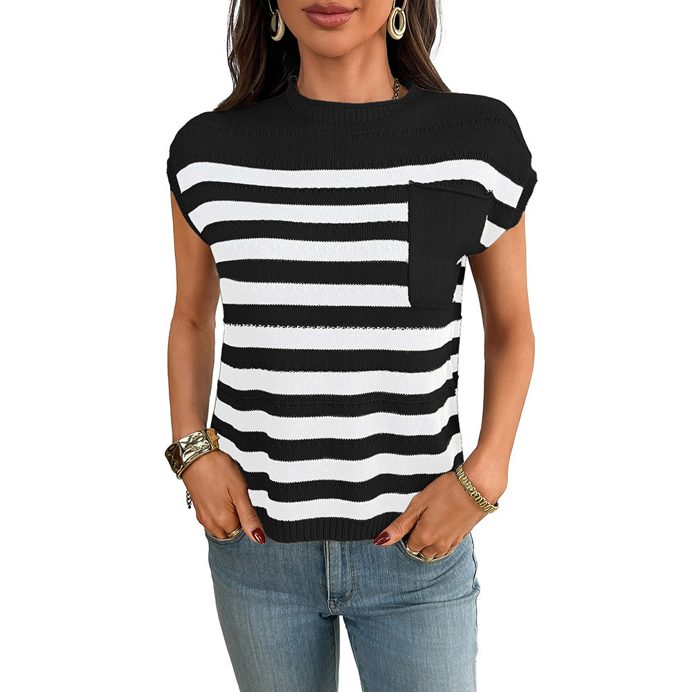 Women’s Striped Knit Top Crew Neck Sleeveless Summer Tee