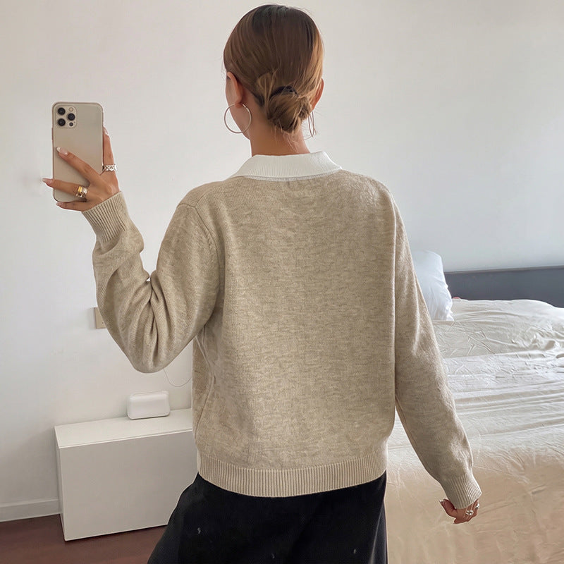 Argyle Polo Knit Sweater Colorblock Button Front Pullover