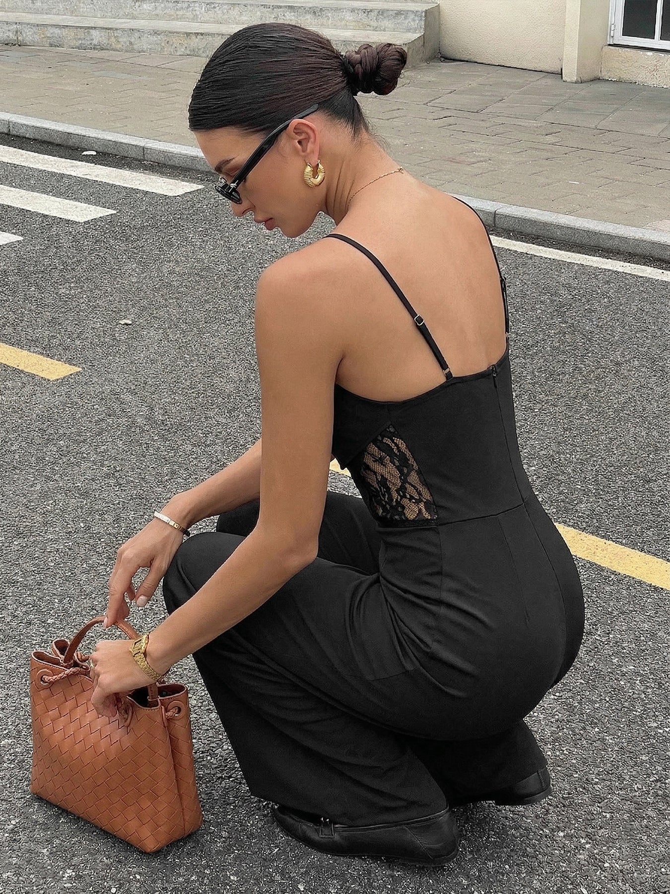 Women Lace Panel Spaghetti Strap Wide Leg Jumpsuit