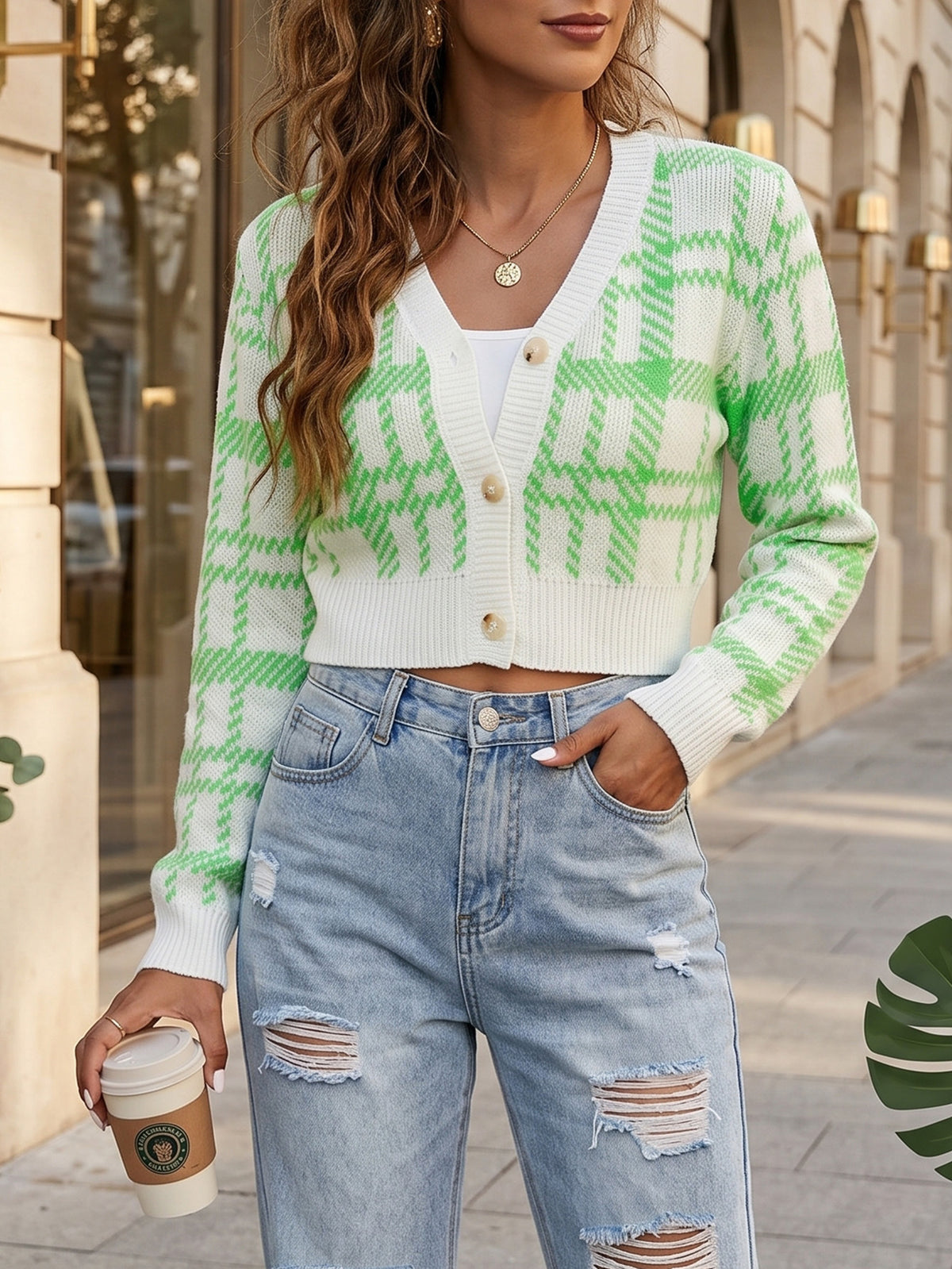 Women's Plaid Crop Cardigan V Neck Button Front Sweater