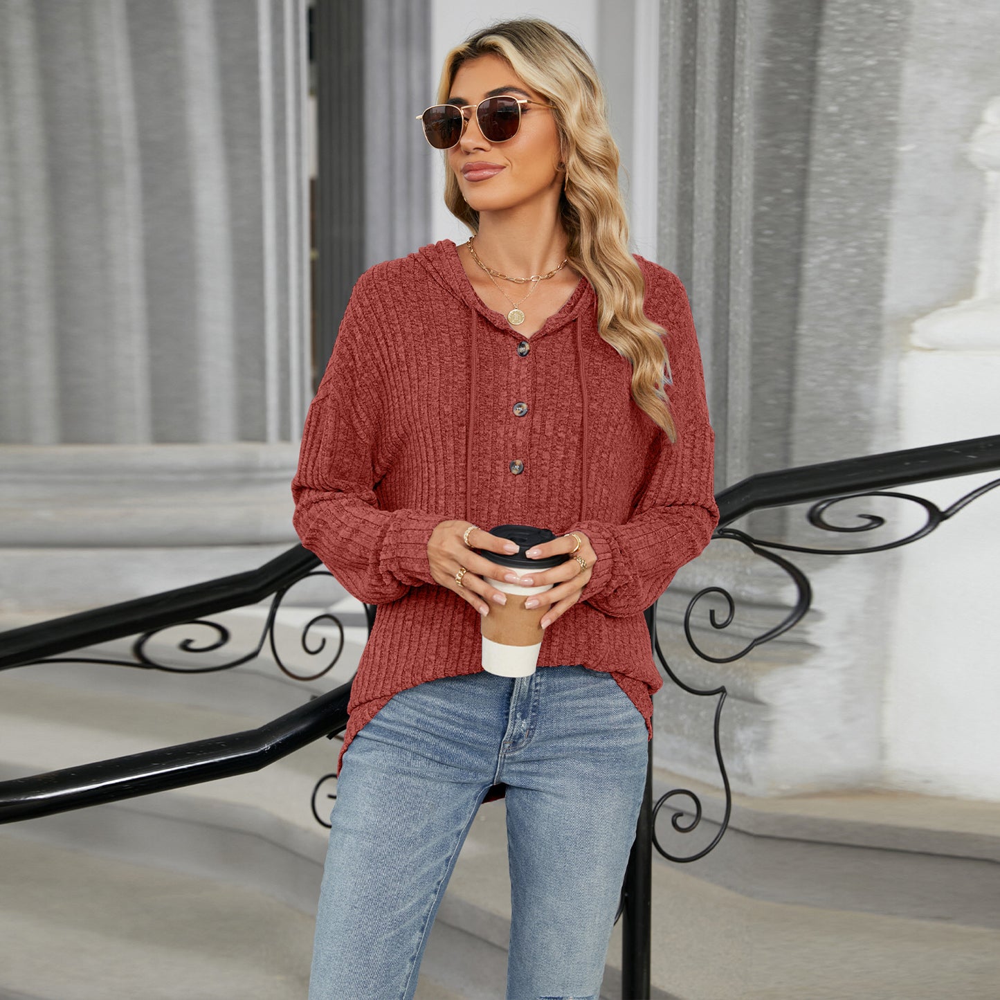 Solid Color Hooded Button-down Sweater