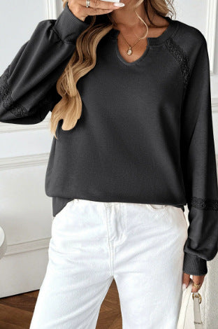 Lace Detail Oversized Sweatshirt Split Neck Long Sleeve Top