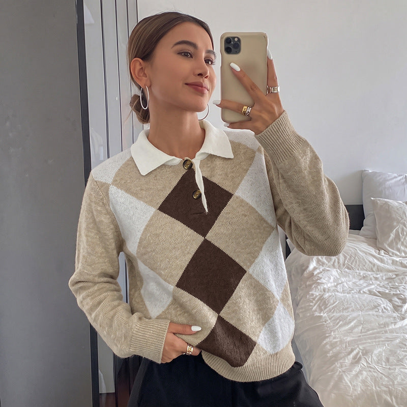 Argyle Polo Knit Sweater Colorblock Button Front Pullover