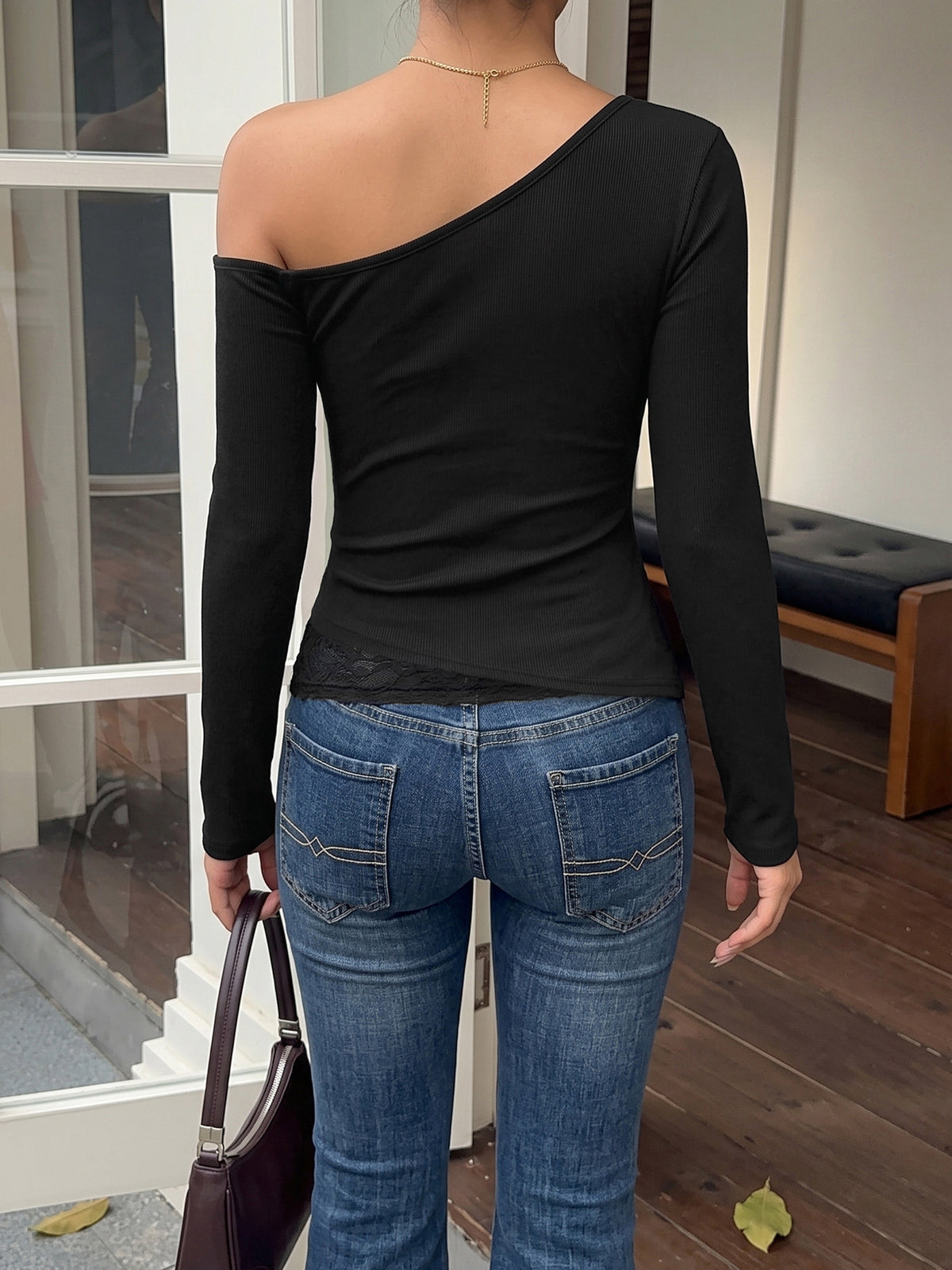 One Shoulder Lace Trim Long Sleeve Fitted Top