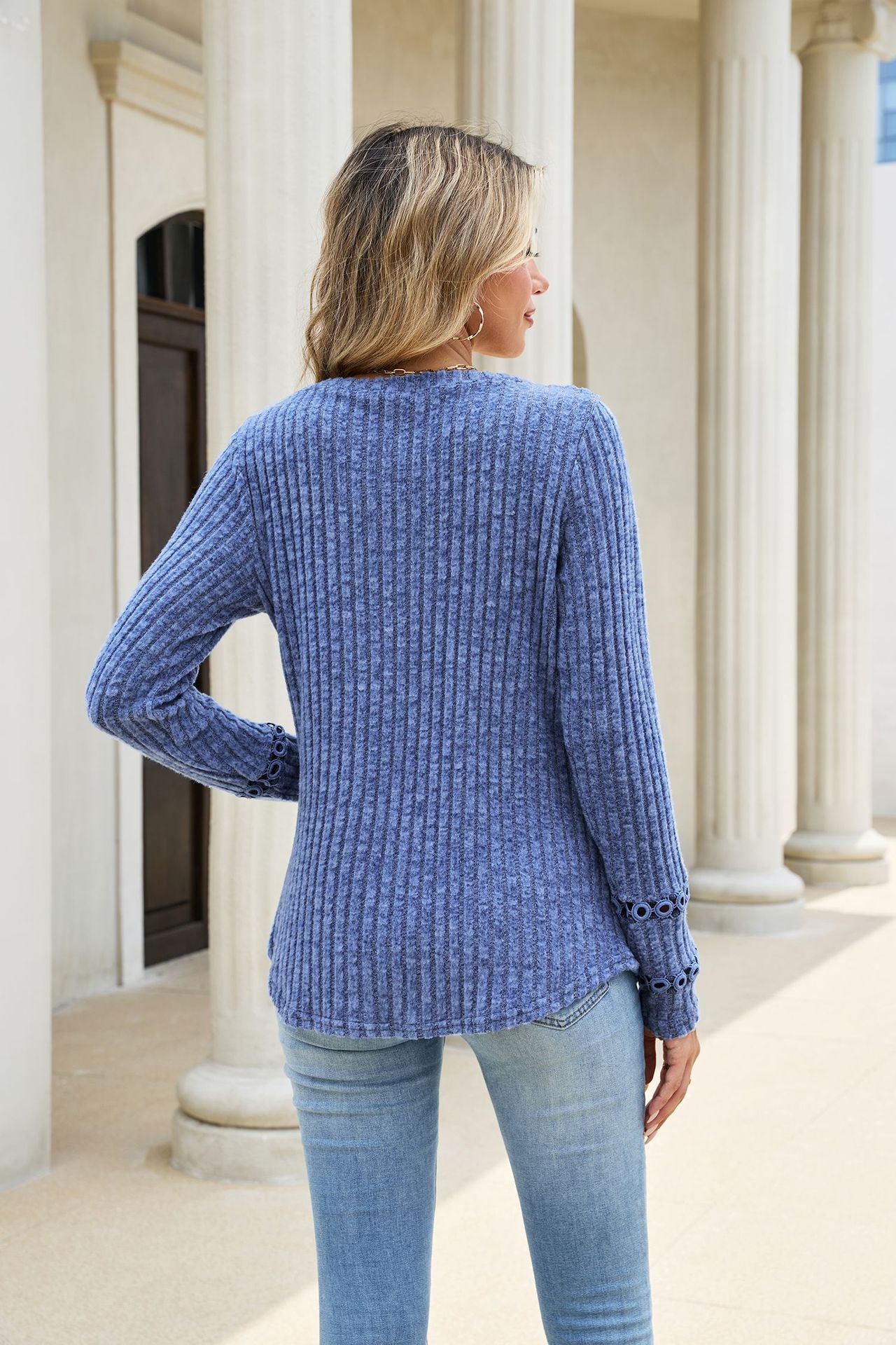Solid Ribbed Knit Top V Neck Trendy Long Sleeve