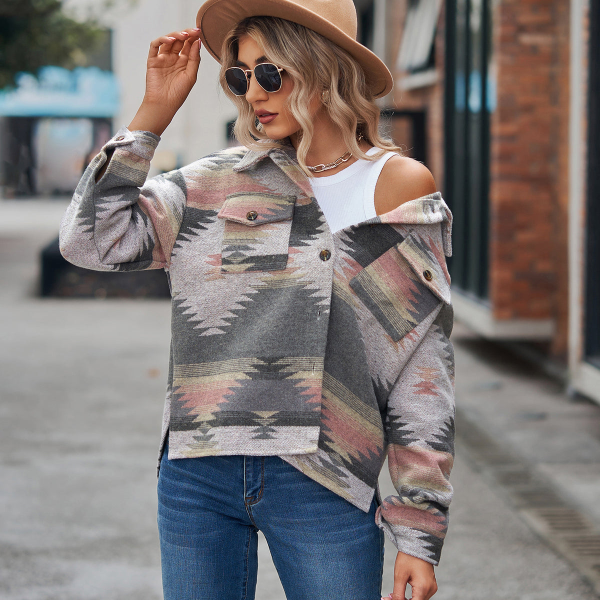 Women's Aztec Cropped Shacket Oversized