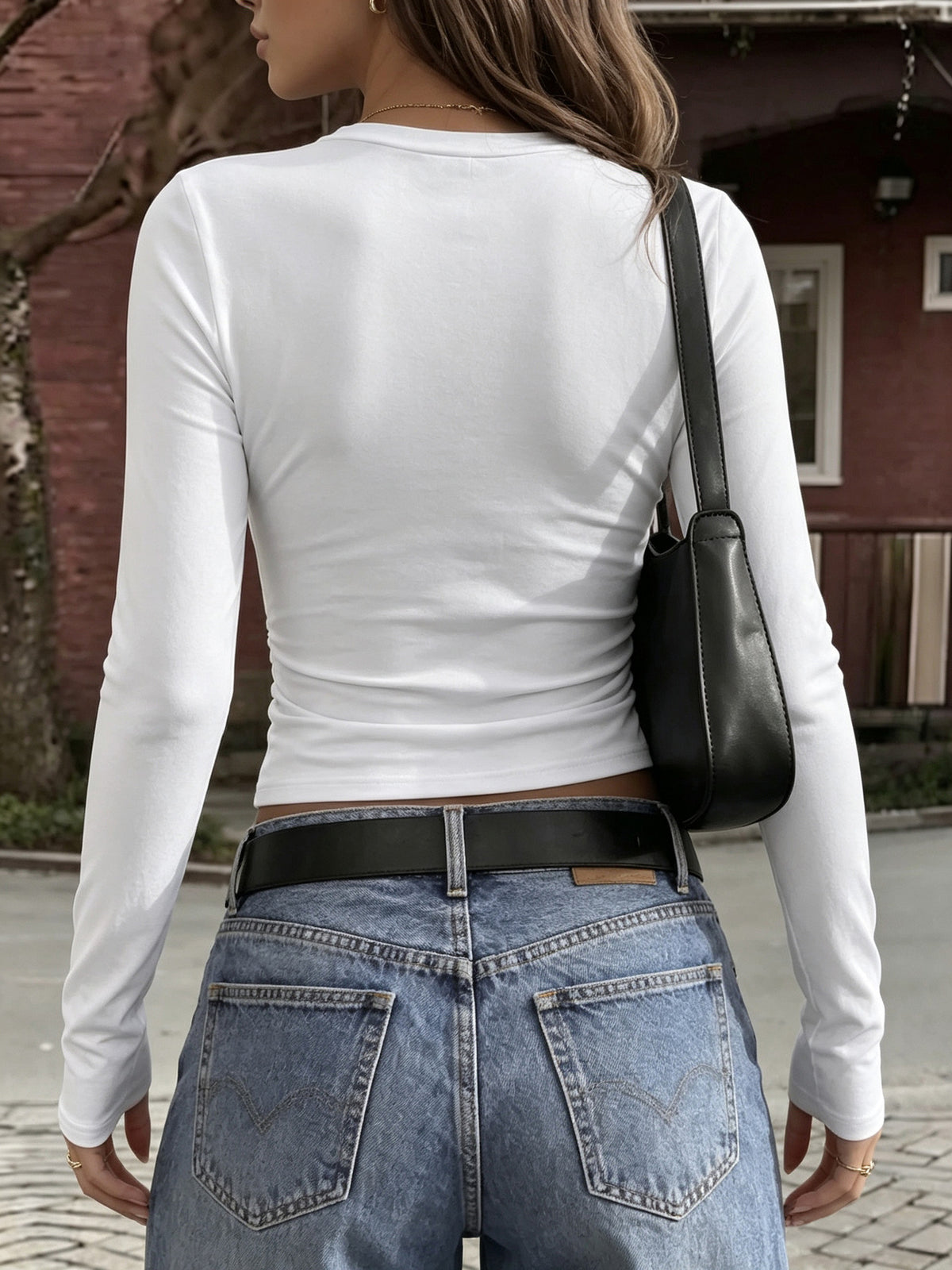 White Long Sleeve Fitted Crop Top Stretch Basic Tee