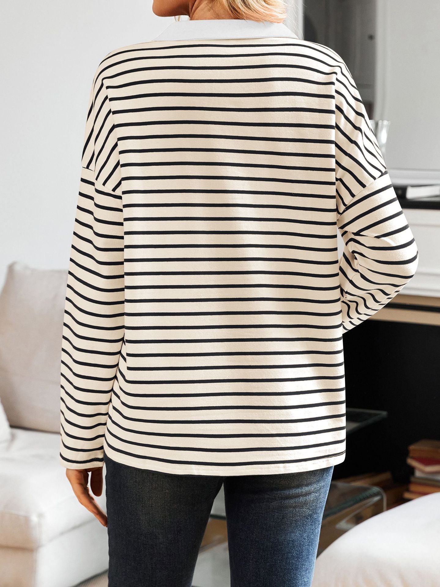 Striped V-neck Loose Sweatshirt Lapel Sweater