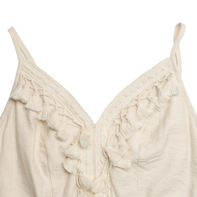 Solid Cami Jumpsuit  Lace Trim Wide Leg Resort Outfit
