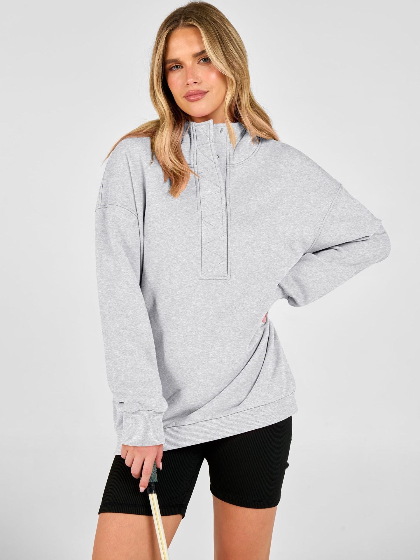 Solid Cotton Blend Hoodie Casual Oversized Snap Neck