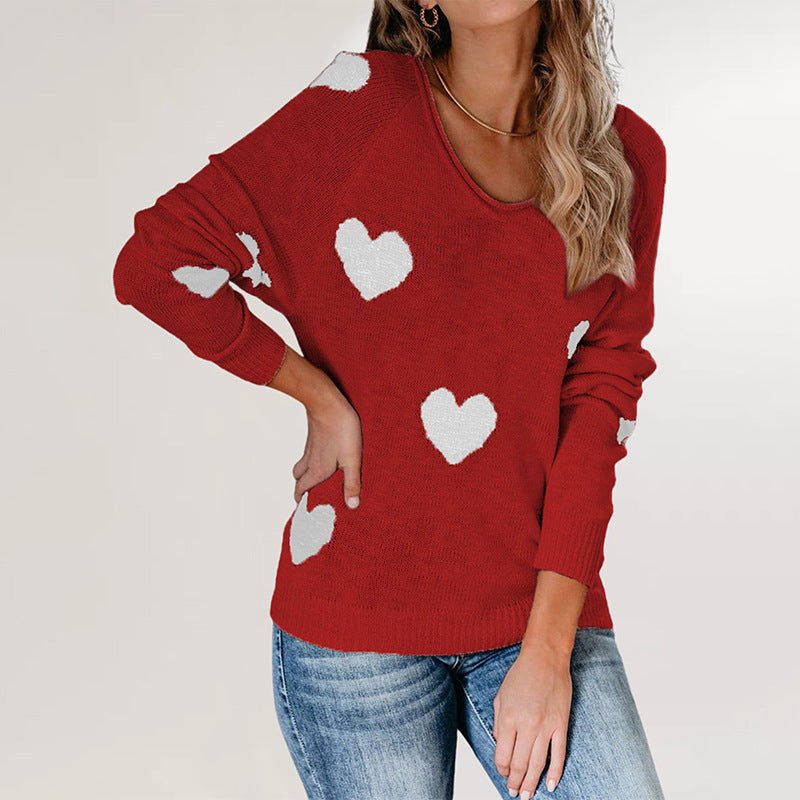 Women's Oversized Heart V Neck Valentine Sweater