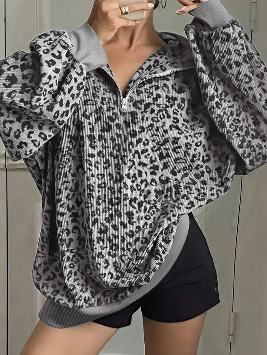 Leopard Corduroy Sweatshirt Streetwear Oversized Half Zip